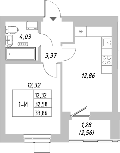 Планировка — Riverside, 1-комн., 33 м²