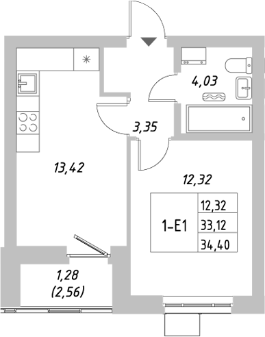 Планировка — Riverside, 1-комн., 33 м²