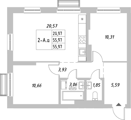Планировка — Riverside, 2-комн., 56 м²