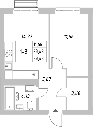 Планировка — Riverside, 1-комн., 39 м²