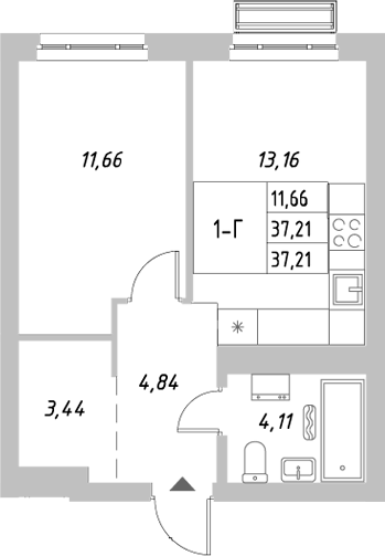 Планировка — Riverside, 1-комн., 37 м²