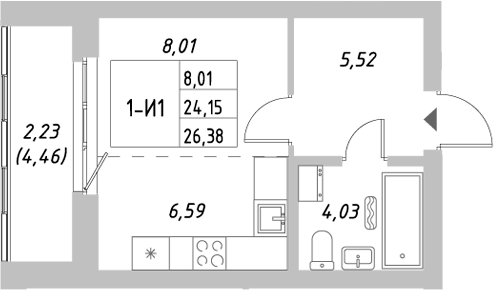 Планировка — Riverside, Студия, 24 м²