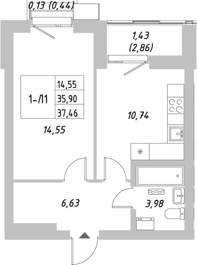 Планировка — Riverside, 1-комн., 36 м²