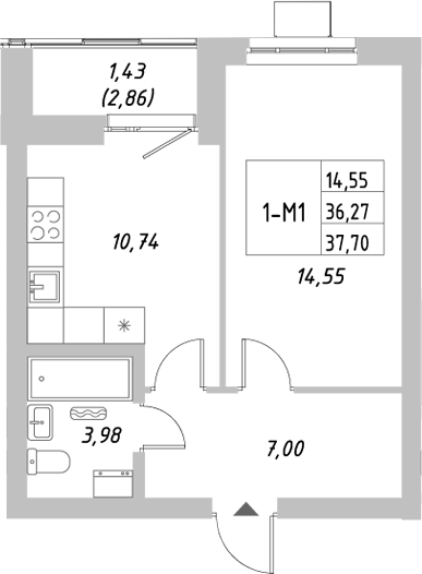 Планировка — Riverside, 1-комн., 36 м²