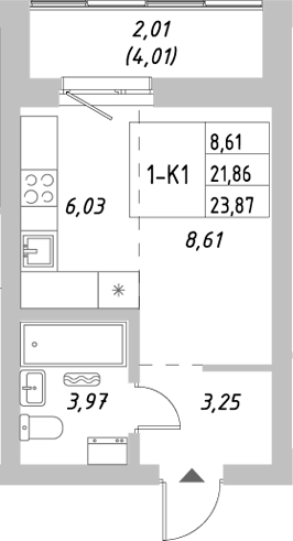 Планировка — Riverside, Студия, 22 м²