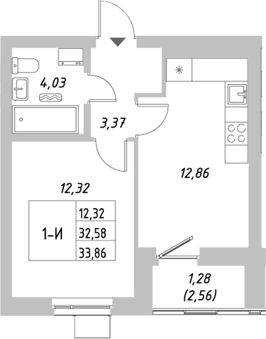 Планировка — Riverside, 1-комн., 33 м²