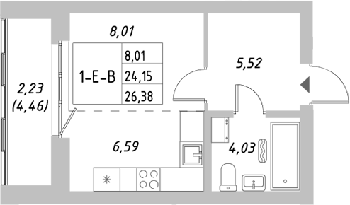 Планировка — Riverside, Студия, 24 м²
