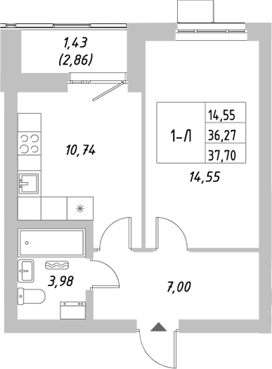 Планировка — Riverside, 1-комн., 36 м²