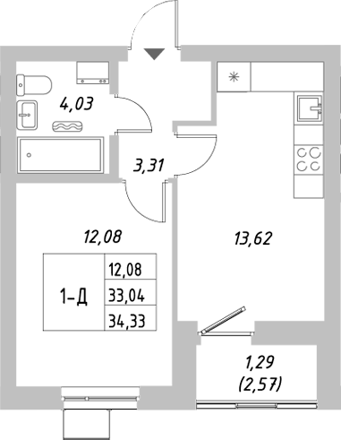 Планировка — Riverside, 1-комн., 33 м²