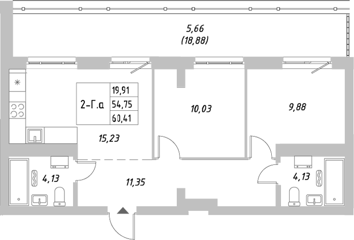 Планировка — Riverside, 2-комн., 55 м²