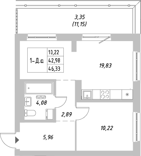 Планировка — Riverside, 1-комн., 43 м²