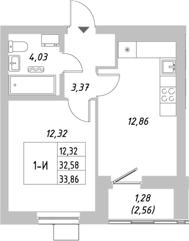 Планировка — Riverside, 1-комн., 33 м²