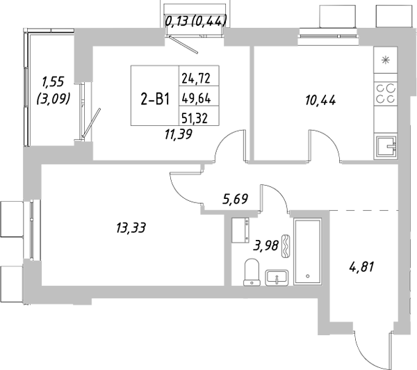 Планировка — Riverside, 2-комн., 50 м²