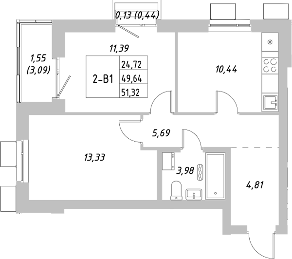 Планировка — Riverside, 2-комн., 50 м²