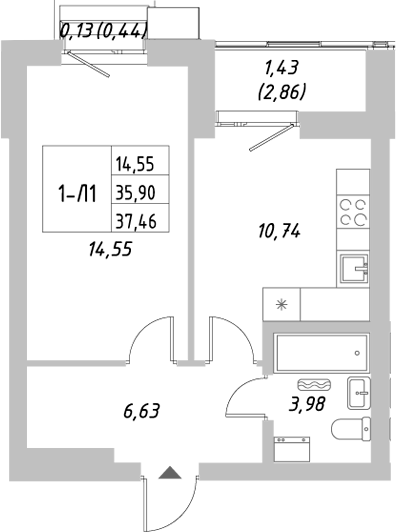 Планировка — Riverside, 1-комн., 36 м²