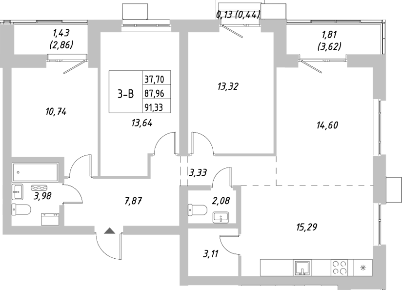 Планировка — Riverside, 3-комн., 88 м²
