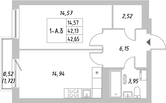 Планировка — Riverside, 1-комн., 42 м²
