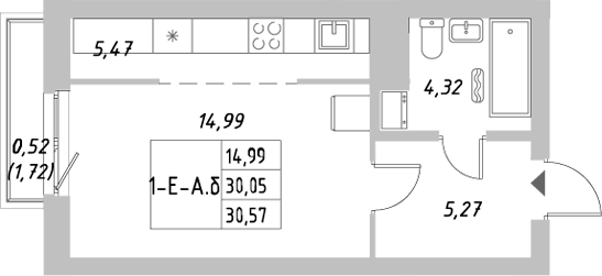 Планировка — Riverside, Студия, 30 м²