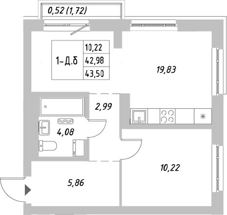 Планировка — Riverside, 1-комн., 43 м²