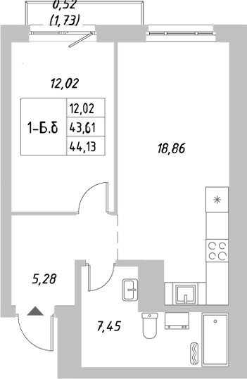 Планировка — Riverside, 1-комн., 44 м²