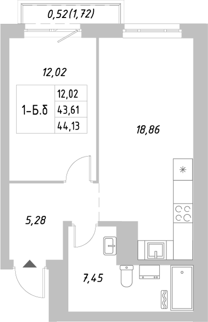 Планировка — Riverside, 1-комн., 44 м²