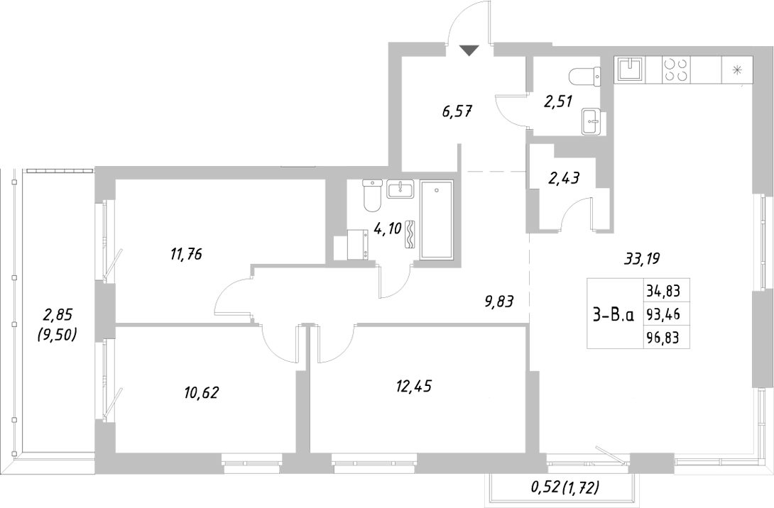 Планировка — Riverside, 3-комн., 93 м²