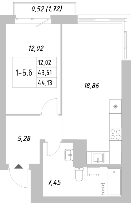 Планировка — Riverside, 1-комн., 44 м²