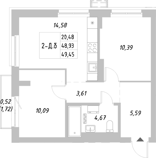 Планировка — Riverside, 2-комн., 49 м²