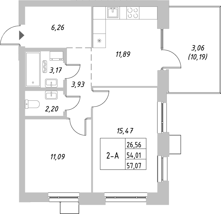 Планировка — Riverside, 2-комн., 54 м²