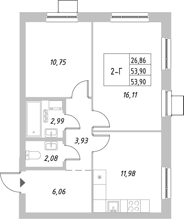 Планировка — Riverside, 2-комн., 54 м²