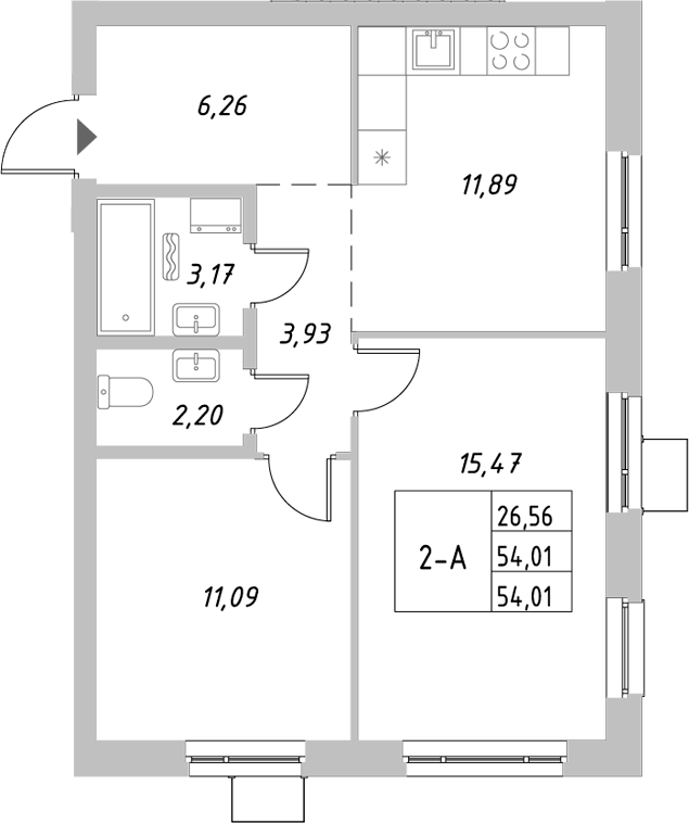 Планировка — Riverside, 2-комн., 54 м²