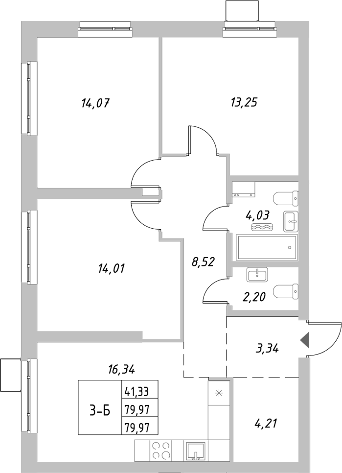 Планировка — Riverside, 3-комн., 80 м²
