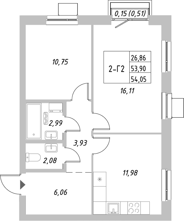 Планировка — Riverside, 2-комн., 54 м²