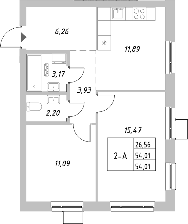 Планировка — Riverside, 2-комн., 54 м²
