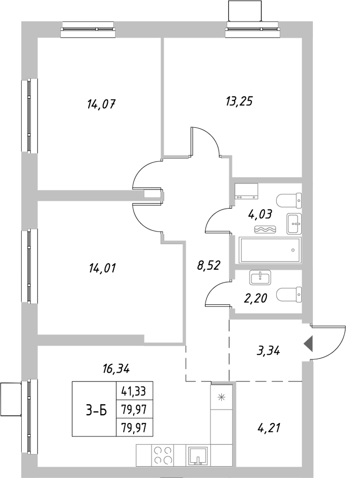 Планировка — Riverside, 3-комн., 80 м²