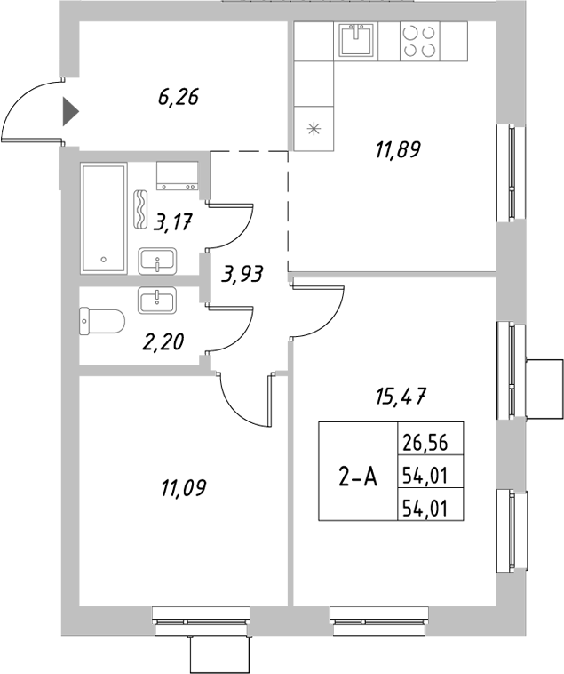 Планировка — Riverside, 2-комн., 54 м²