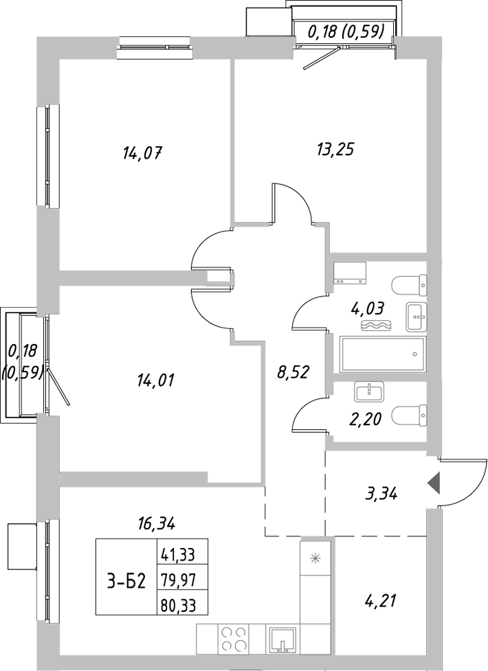 Планировка — Riverside, 3-комн., 80 м²