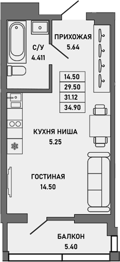 Планировка — Ялта, Студия, 30 м²