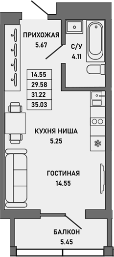 Планировка — Ялта, Студия, 30 м²