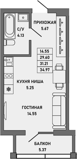 Планировка — Ялта, Студия, 30 м²