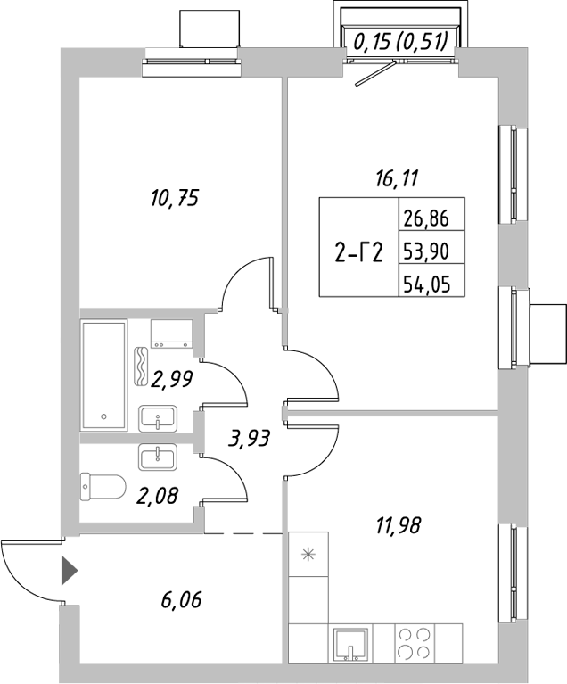 Планировка — Riverside, 2-комн., 54 м²