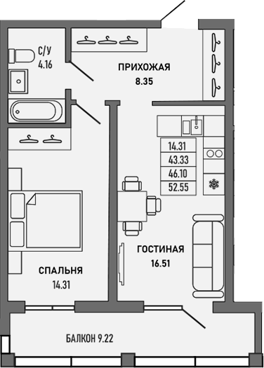 Планировка — Ялта, 1-комн., 43 м²