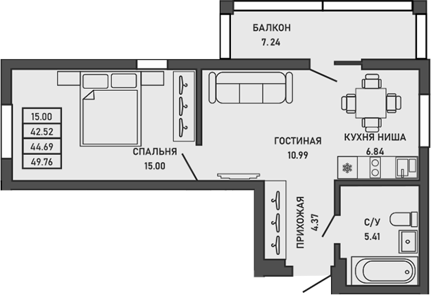 Планировка — Ялта, 1-комн., 42 м²