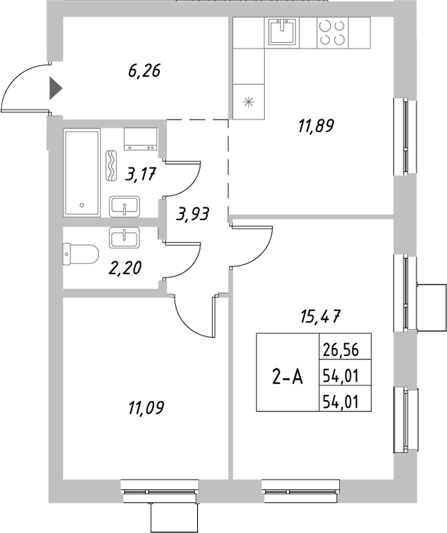 Планировка — Riverside, 2-комн., 54 м²