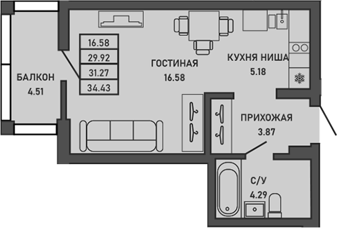 Планировка — Ялта, Студия, 30 м²