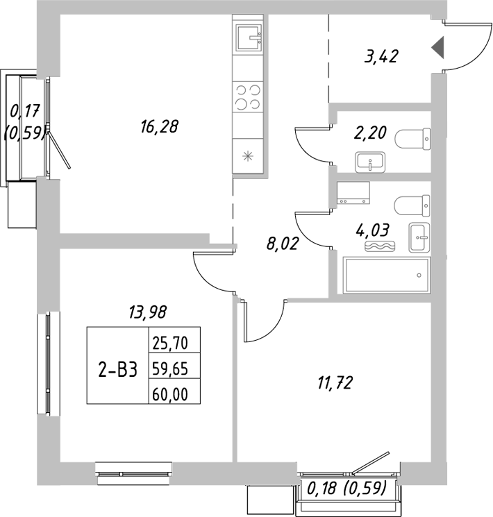 Планировка — Riverside, 2-комн., 60 м²