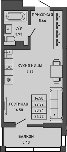 Планировка — Ялта, Студия, 29 м²
