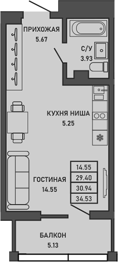 Планировка — Ялта, Студия, 29 м²