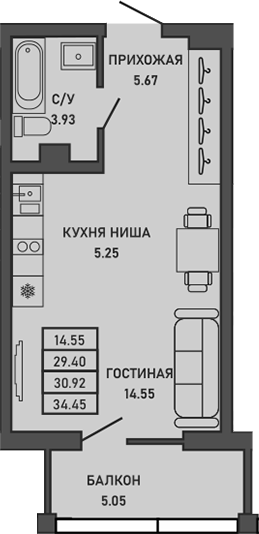 Планировка — Ялта, Студия, 29 м²