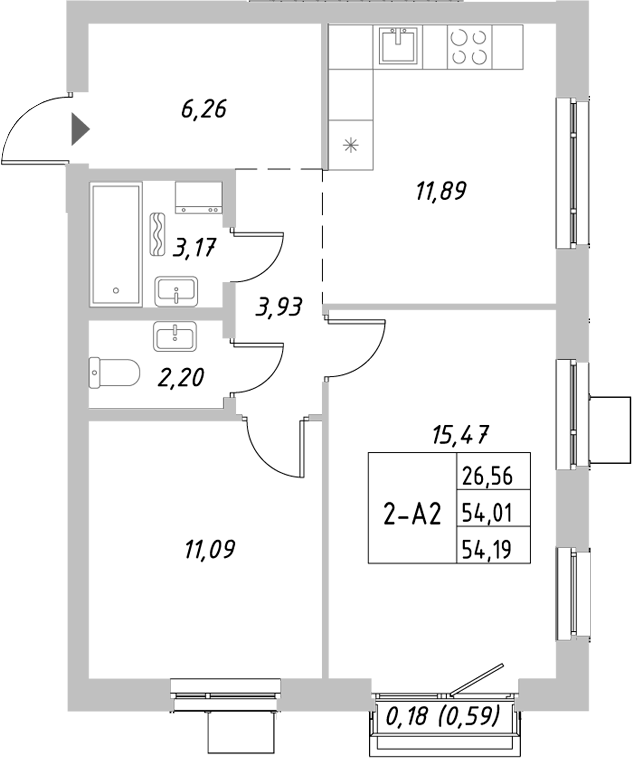 Планировка — Riverside, 2-комн., 54 м²